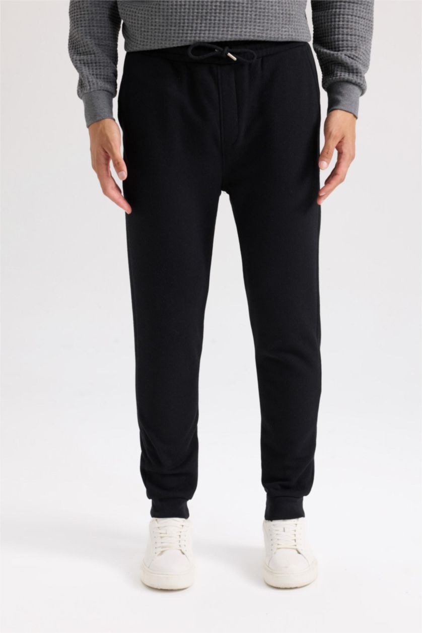 MAN Black Slim Fit Rib Hem Pique Trousers