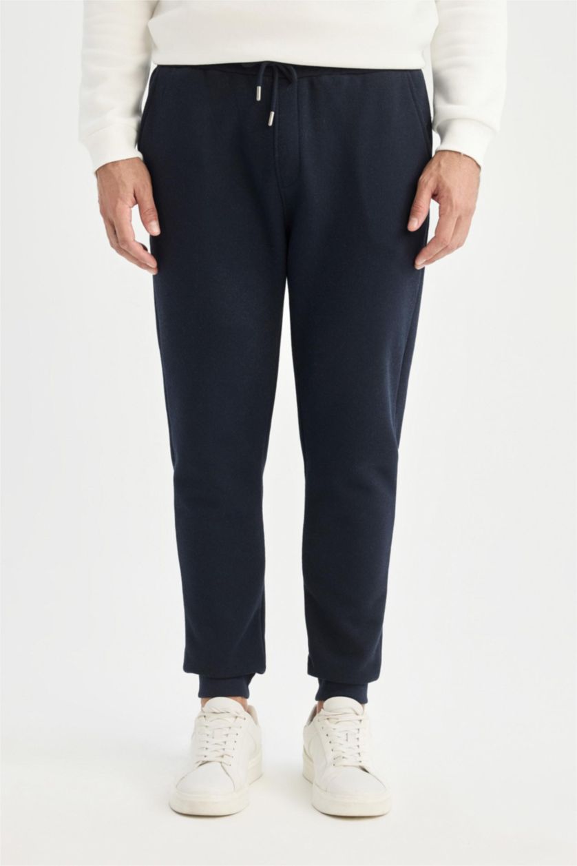 Erkek Lacivert Slim Fit Dar Kesim İnce Jogger Eşofman Altı Basic Düz Pike Beli Bağcıklı Lastikli Paça Cepli 