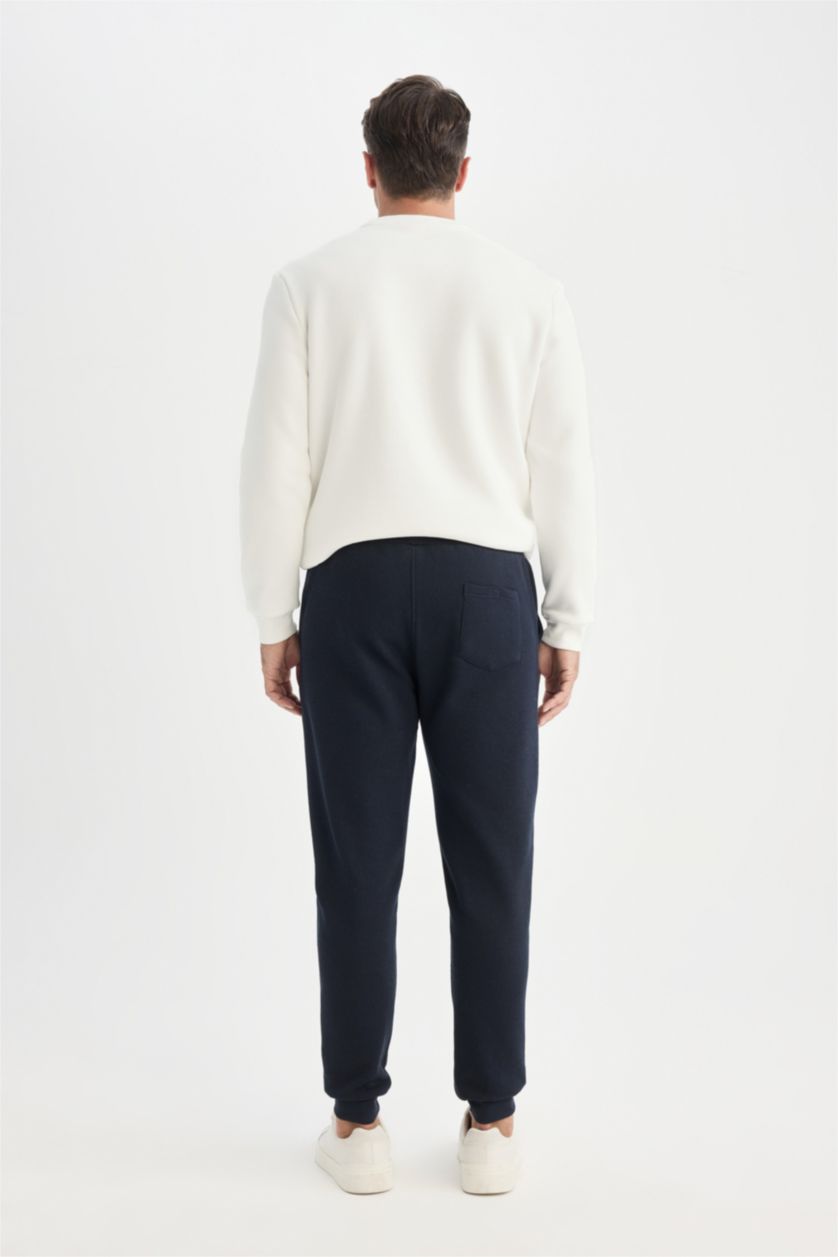 Erkek Lacivert Slim Fit Dar Kesim İnce Jogger Eşofman Altı Basic Düz Pike Beli Bağcıklı Lastikli Paça Cepli 