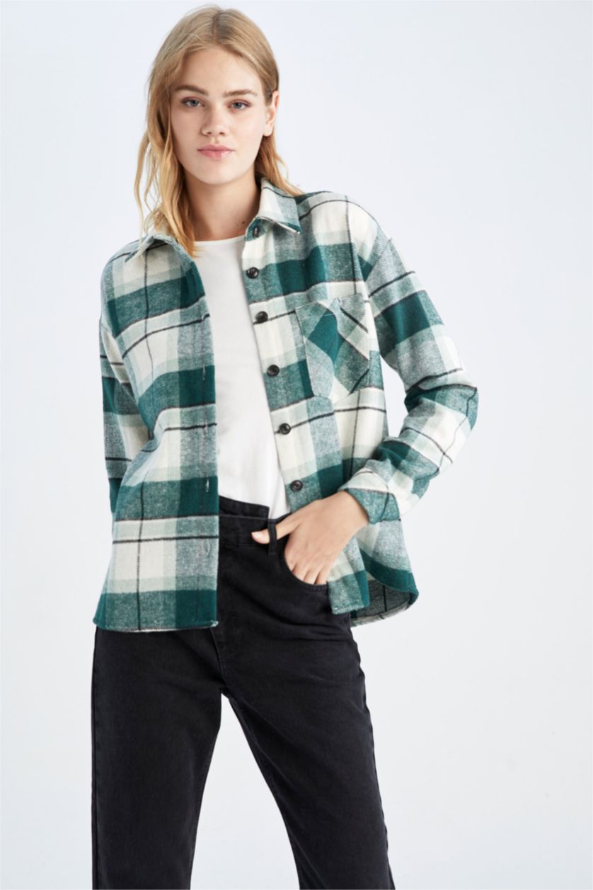 FEMME Vert Foncé Chemises à manches longues Flanelle Carreaux Col De Chemise Une poche