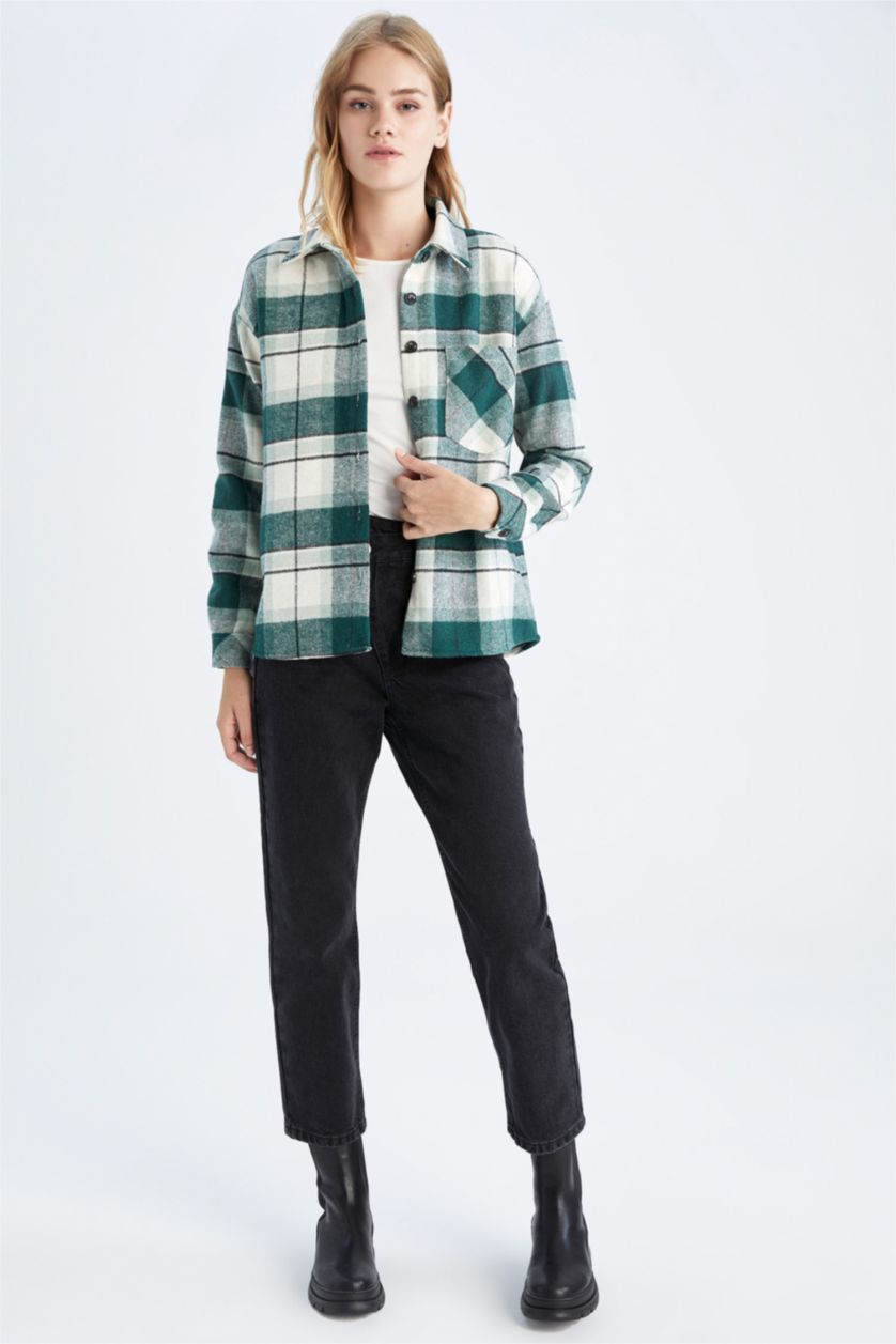 FEMME Vert Foncé Chemises à manches longues Flanelle Carreaux Col De Chemise Une poche