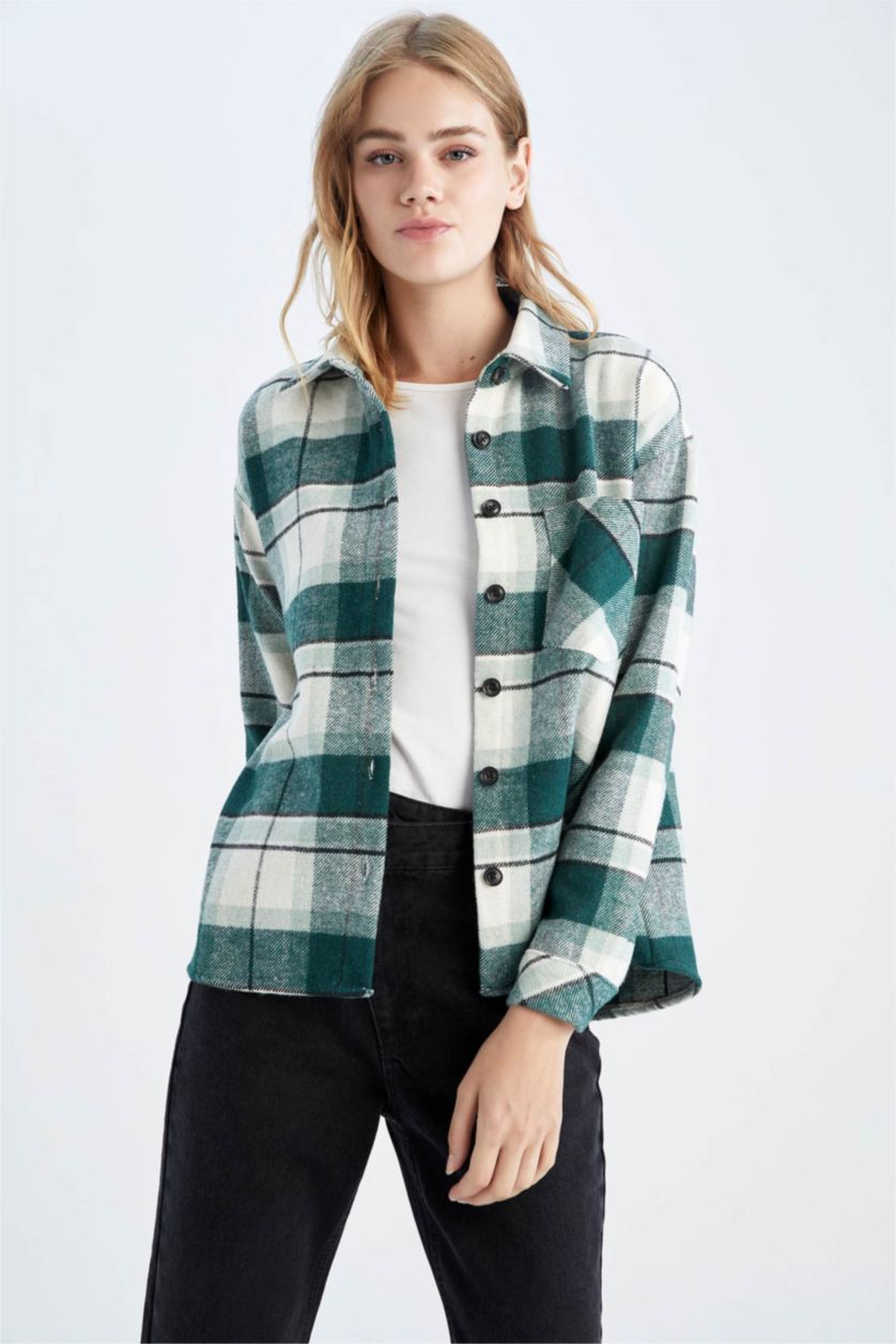 FEMME Vert Foncé Chemises à manches longues Flanelle Carreaux Col De Chemise Une poche