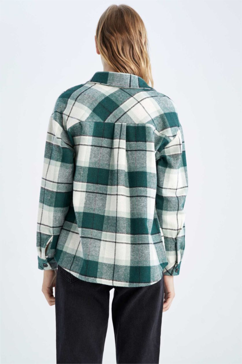 FEMME Vert Foncé Chemises à manches longues Flanelle Carreaux Col De Chemise Une poche