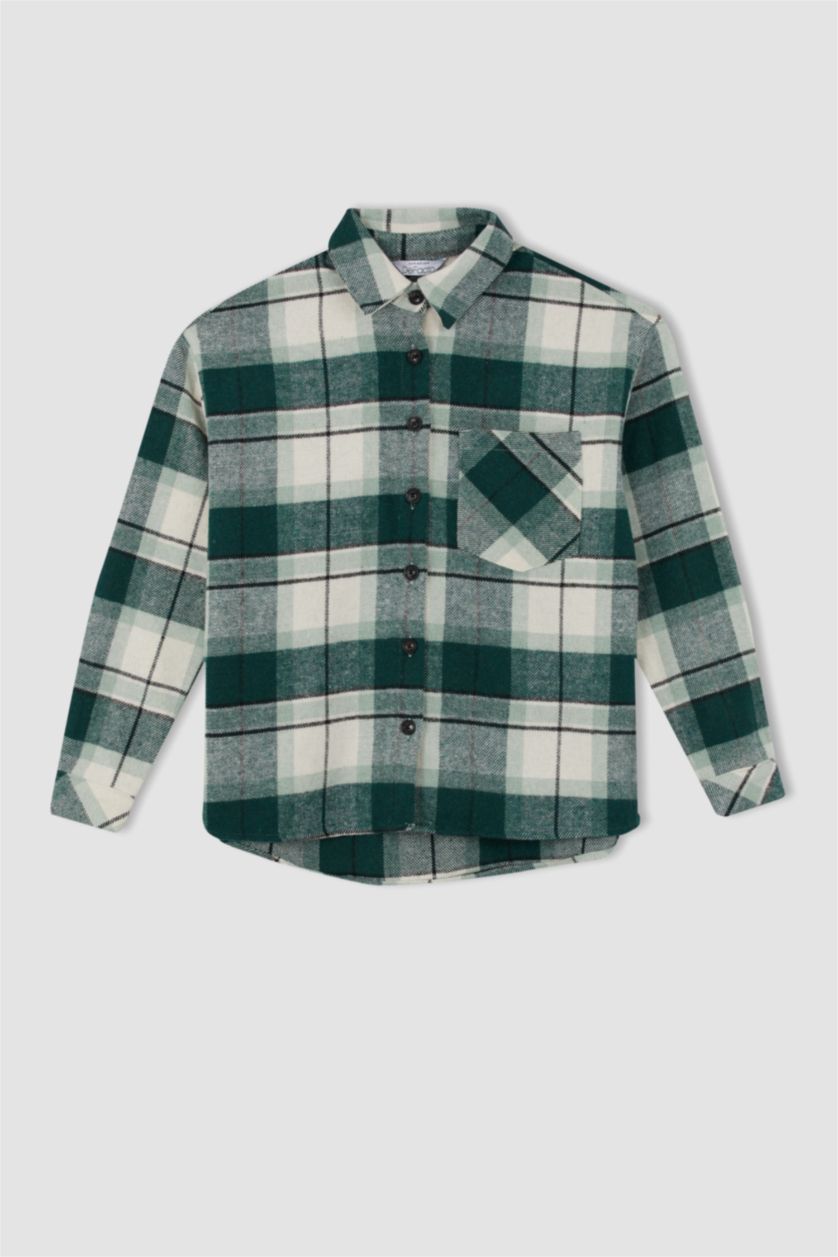 FEMME Vert Foncé Chemises à manches longues Flanelle Carreaux Col De Chemise Une poche