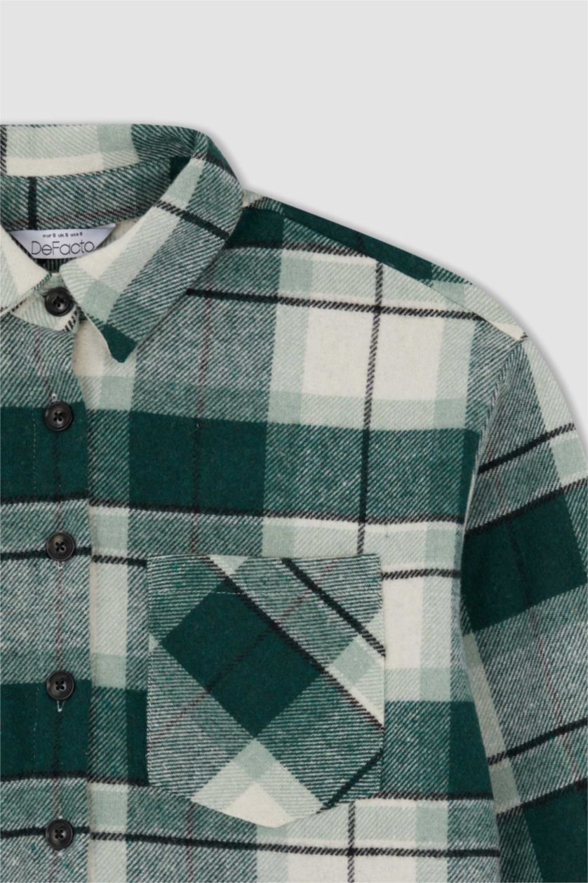 FEMME Vert Foncé Chemises à manches longues Flanelle Carreaux Col De Chemise Une poche