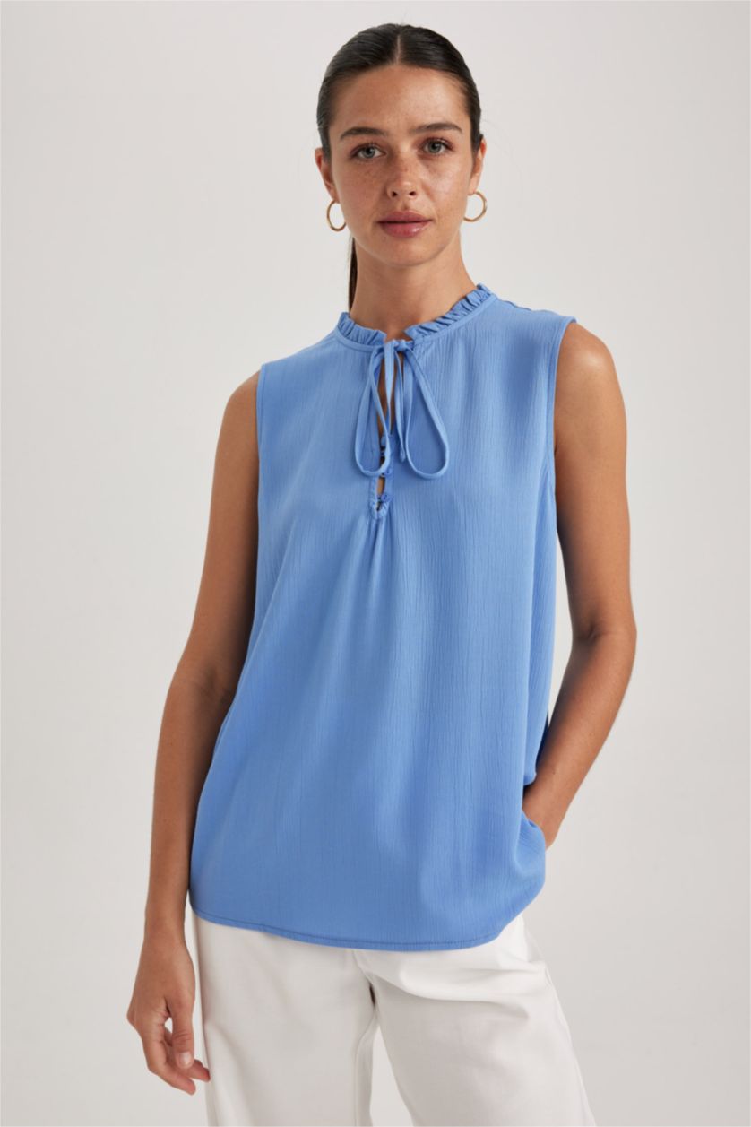 WOMAN Blue Regular Fit Frill Collar Sleeveless Blouse