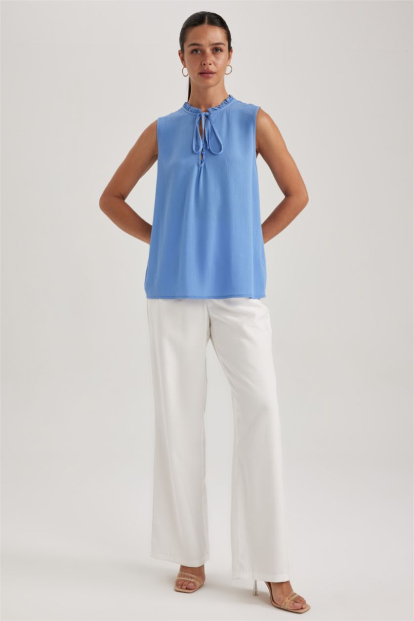 WOMAN Blue Regular Fit Frill Collar Sleeveless Blouse