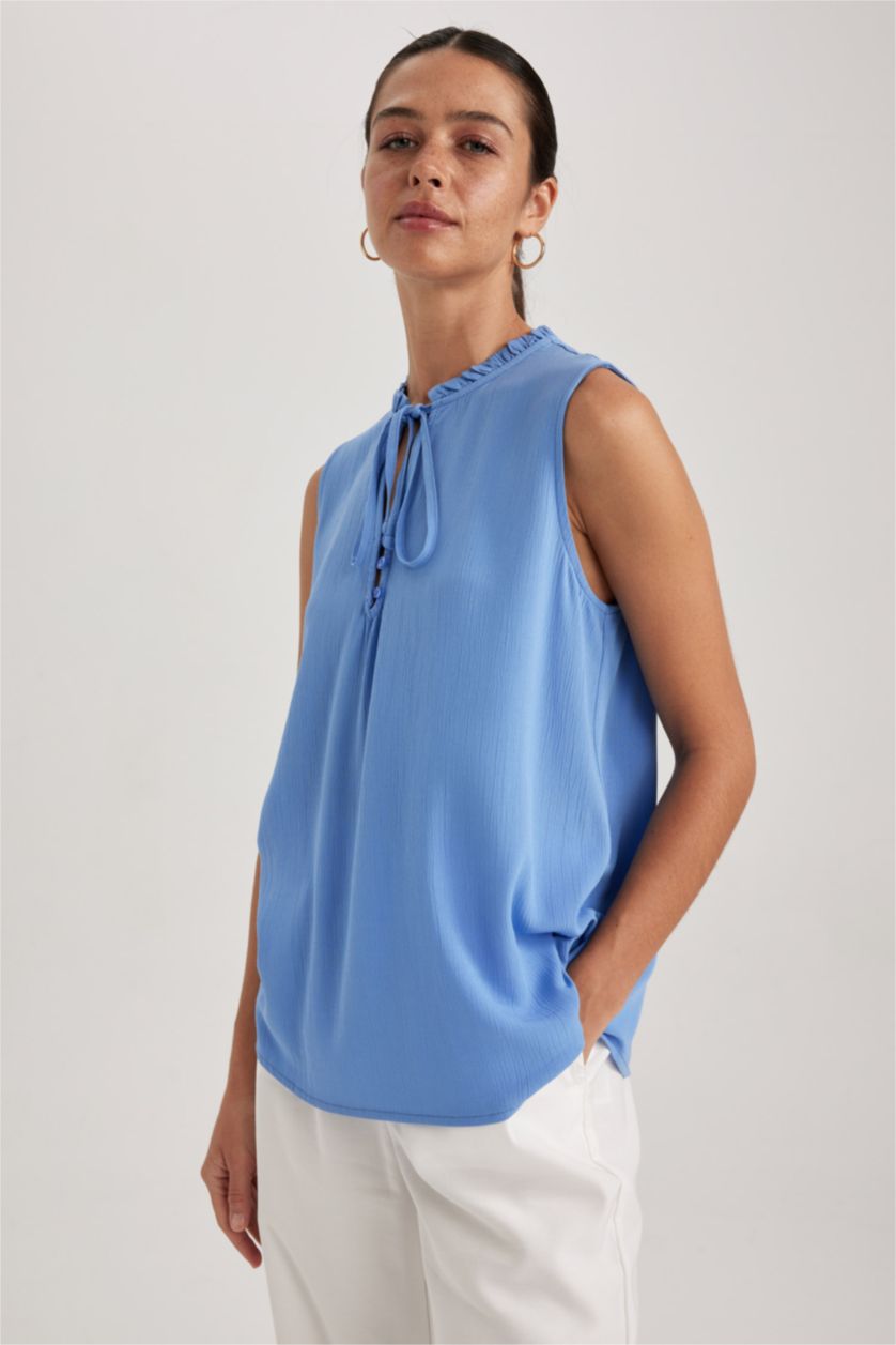 WOMAN Blue Regular Fit Frill Collar Sleeveless Blouse