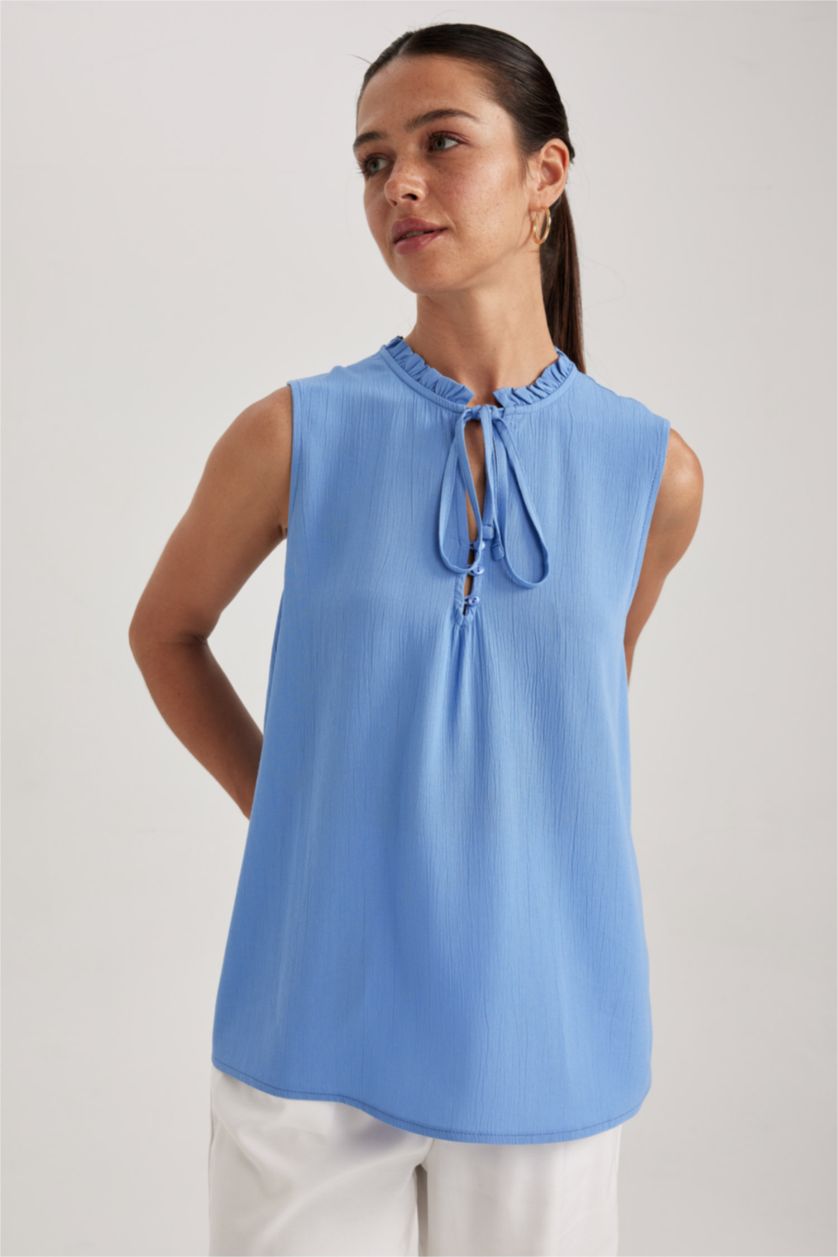 WOMAN Blue Regular Fit Frill Collar Sleeveless Blouse