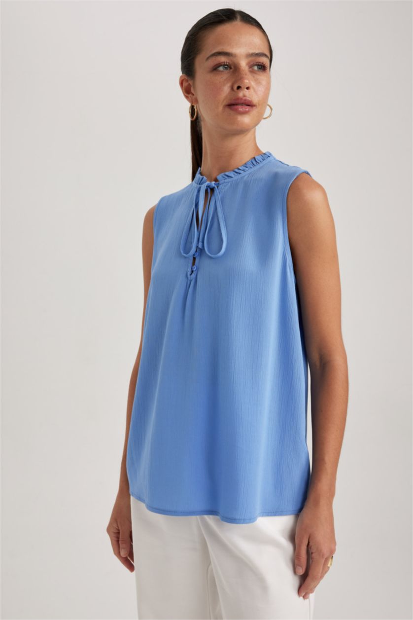 WOMAN Blue Regular Fit Frill Collar Sleeveless Blouse