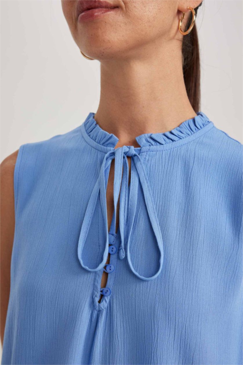 WOMAN Blue Regular Fit Frill Collar Sleeveless Blouse