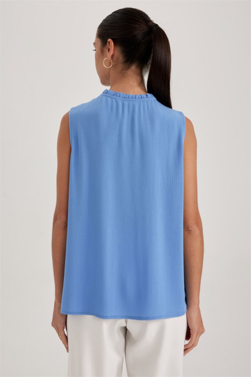 WOMAN Blue Regular Fit Frill Collar Sleeveless Blouse