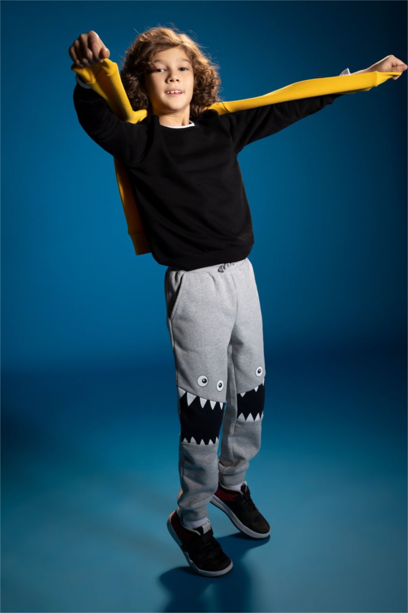 Erkek Çocuk - Genç Erkek Gri Melanj Erkek Çocuk Geri Dönüşümlü Baskılı Eşofman Alt