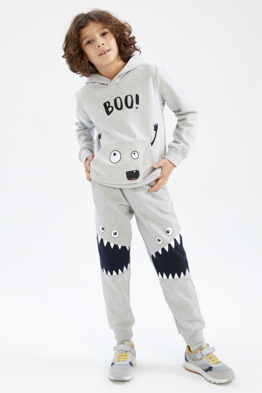 Erkek Çocuk - Genç Erkek Gri Melanj Erkek Çocuk Geri Dönüşümlü Baskılı Eşofman Alt