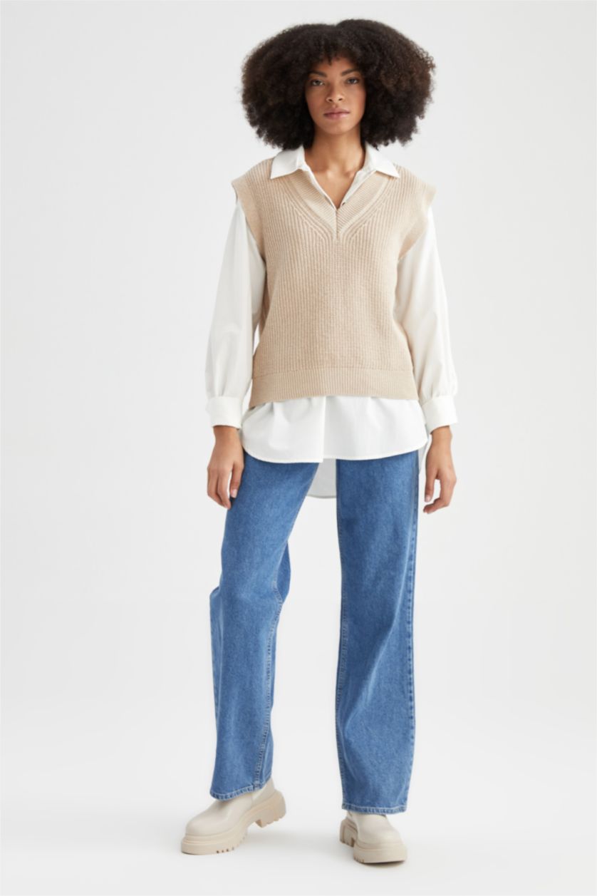 نساء بيج Oversize Fit V-Neck