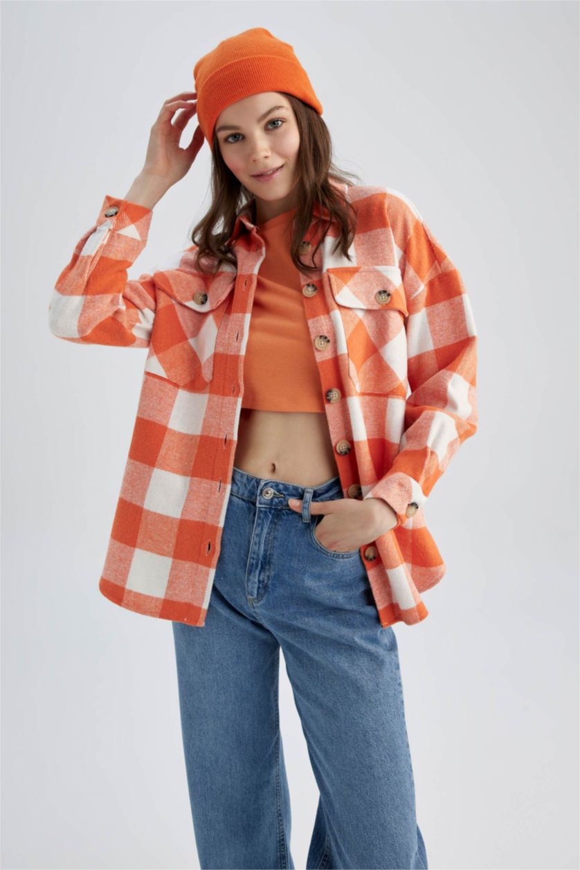 Женская Коралловый Рубашка в клекту свободного кроя с карманом