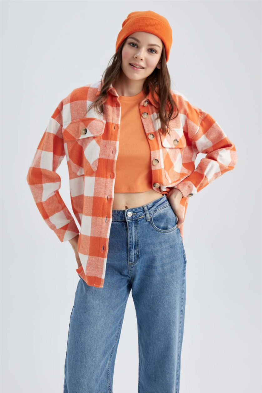 Женская Коралловый Рубашка в клекту свободного кроя с карманом