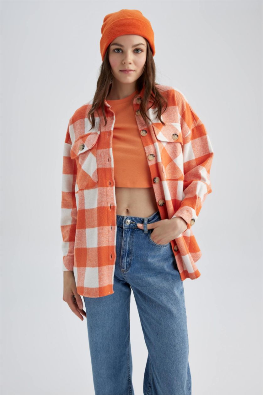 Женская Коралловый Рубашка в клекту свободного кроя с карманом