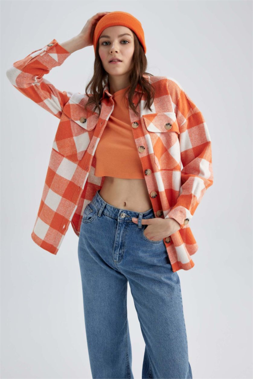 Женская Коралловый Рубашка в клекту свободного кроя с карманом