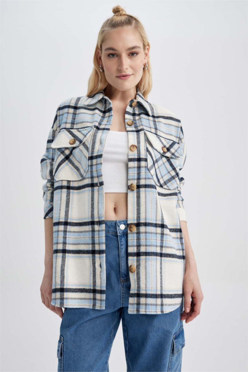 Kadın Mavi Oversıze Gömlek Yaka Flanel Uzun Kollu Tunik