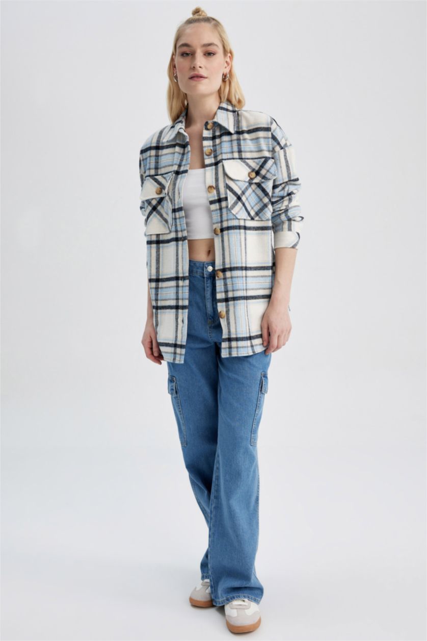 Kadın Mavi Oversıze Gömlek Yaka Flanel Uzun Kollu Tunik