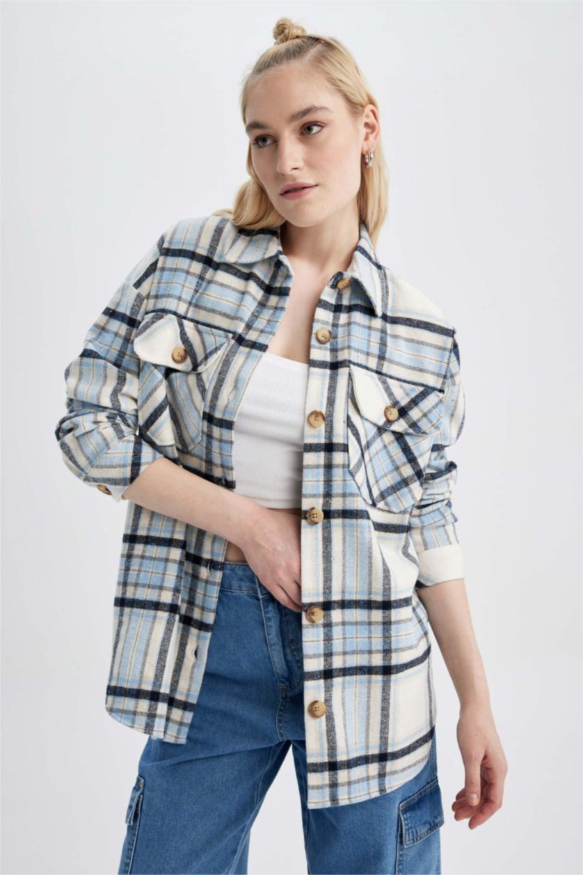 Kadın Mavi Oversıze Gömlek Yaka Flanel Uzun Kollu Tunik