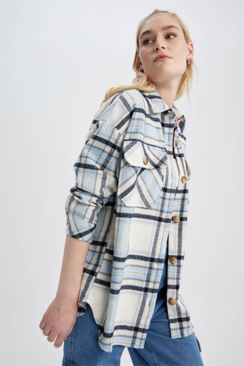 Kadın Mavi Oversıze Gömlek Yaka Flanel Uzun Kollu Tunik