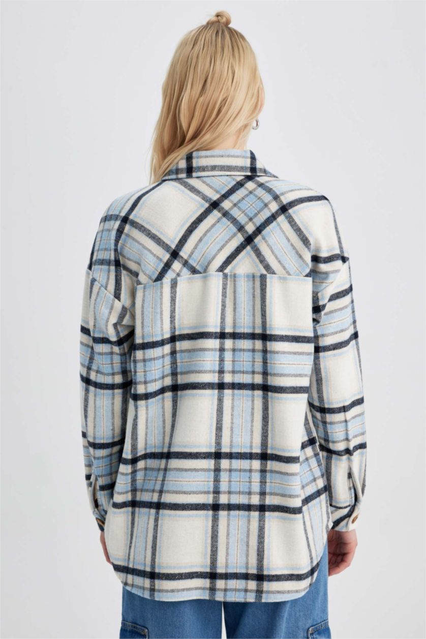 Kadın Mavi Oversıze Gömlek Yaka Flanel Uzun Kollu Tunik