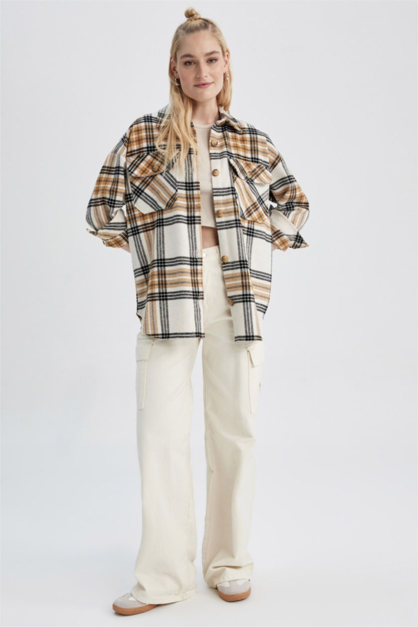 Женская Светло коричневый Туника с воротником с длинным рукавом