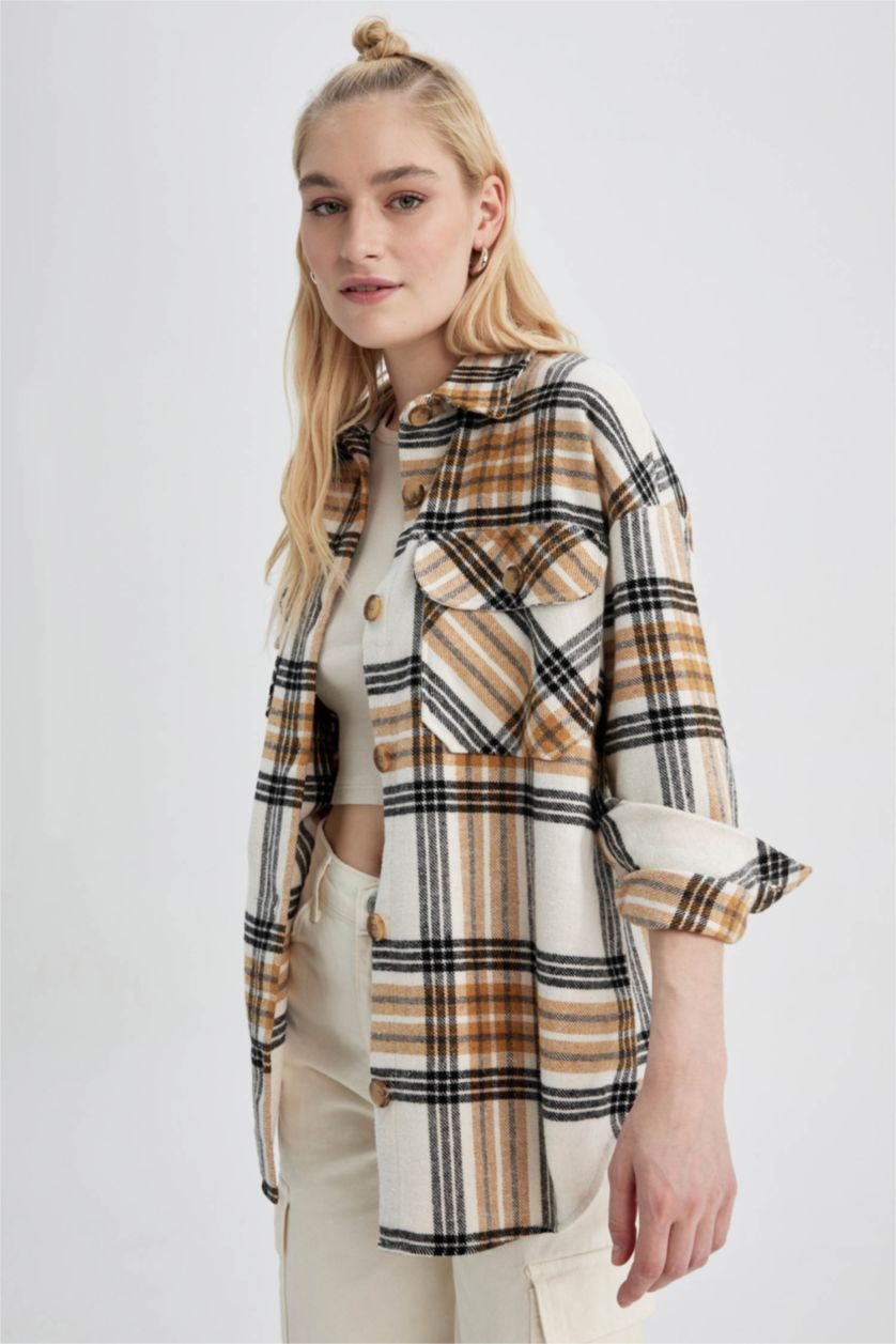 Женская Светло коричневый Туника с воротником с длинным рукавом