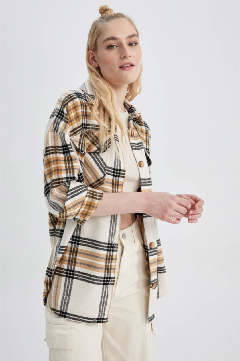 Женская Светло коричневый Туника с воротником с длинным рукавом