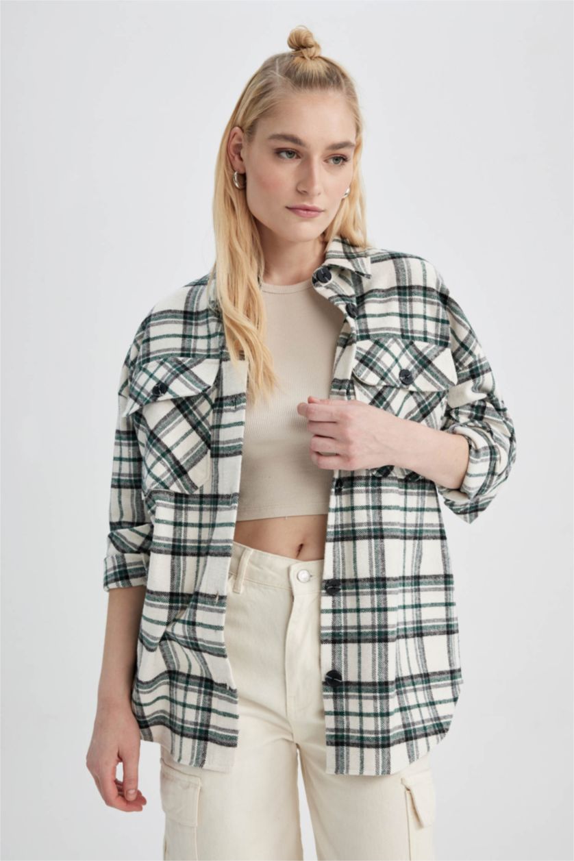 WOMAN Green Oversize Fit Flanel Shirt Collar Long Sleeve Tunic