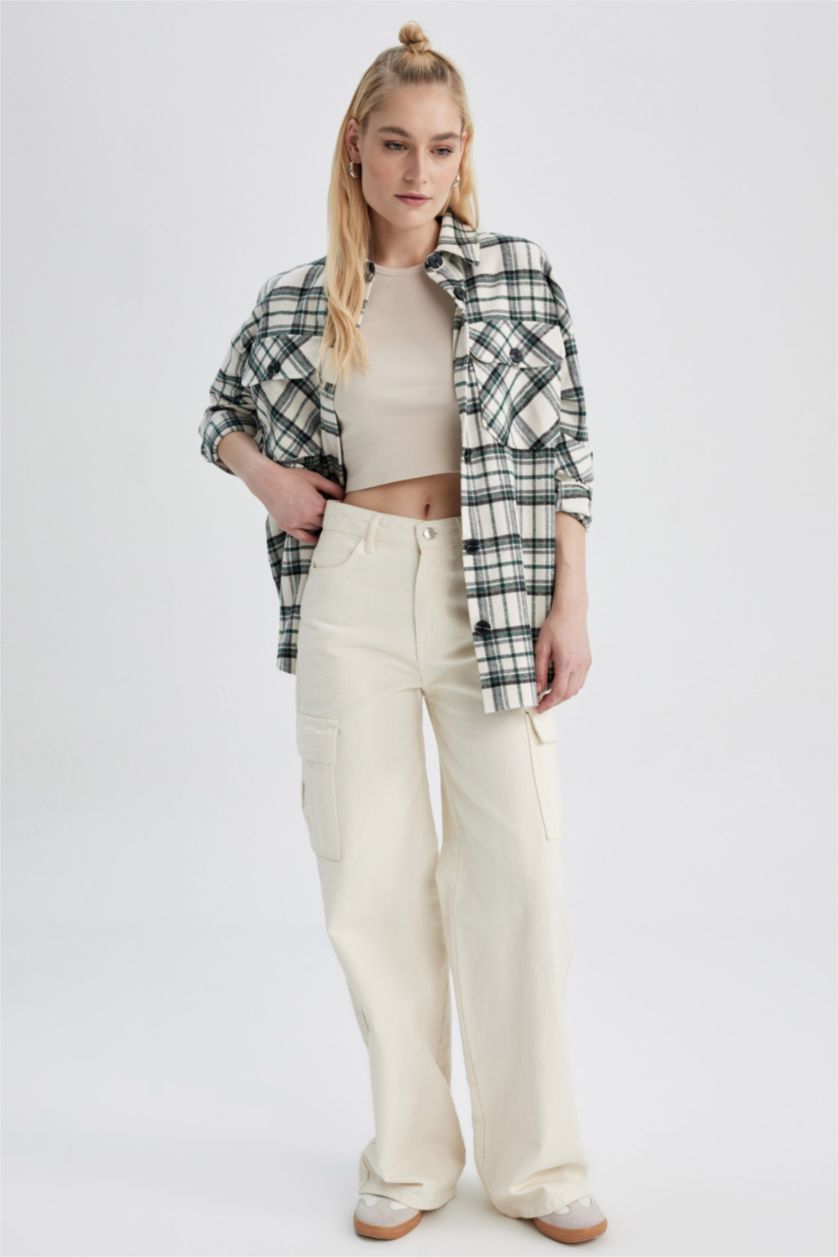 WOMAN Green Oversize Fit Flanel Shirt Collar Long Sleeve Tunic