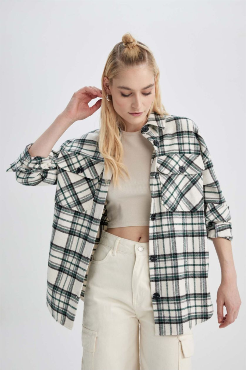 WOMAN Green Oversize Fit Flanel Shirt Collar Long Sleeve Tunic