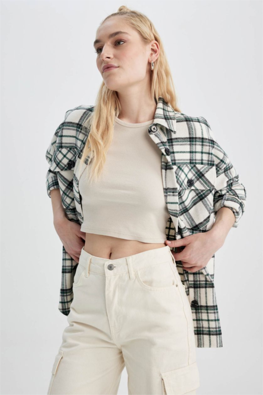 WOMAN Green Oversize Fit Flanel Shirt Collar Long Sleeve Tunic