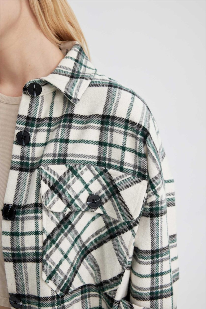 WOMAN Green Oversize Fit Flanel Shirt Collar Long Sleeve Tunic