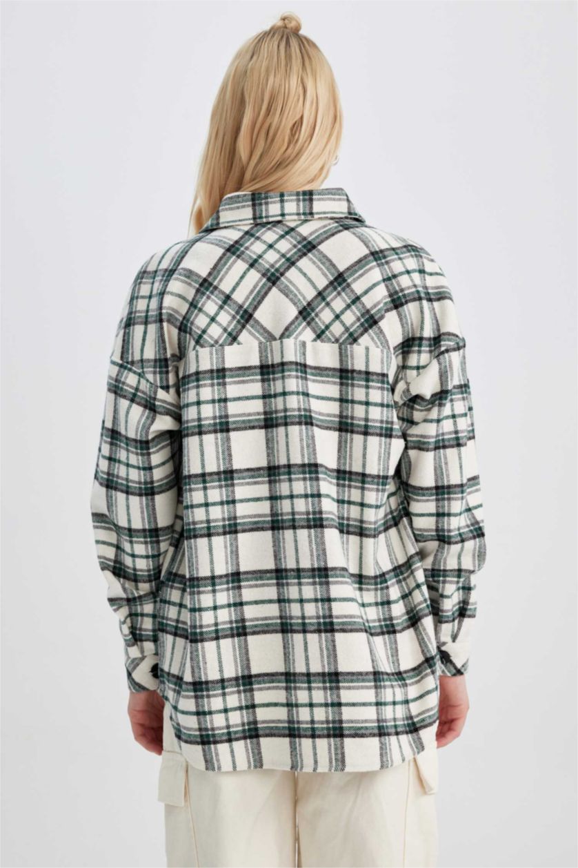 WOMAN Green Oversize Fit Flanel Shirt Collar Long Sleeve Tunic