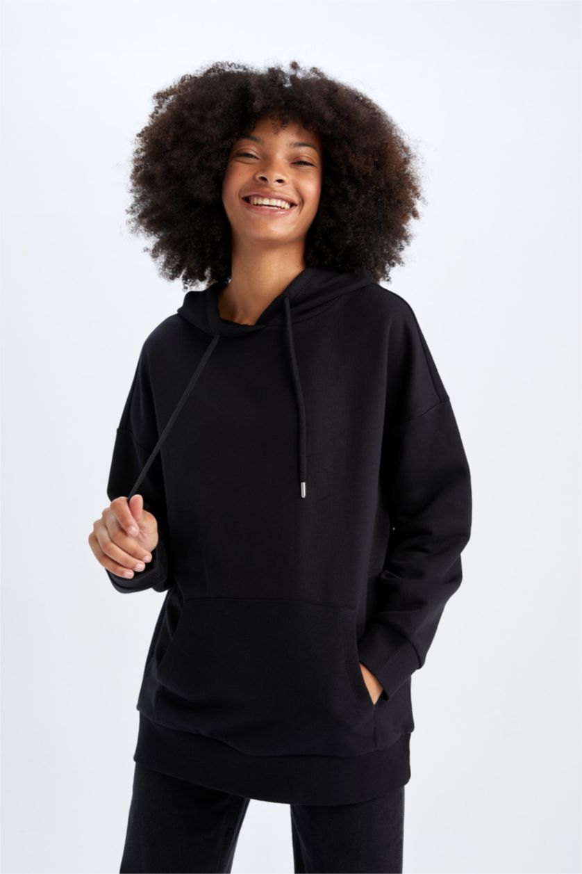 FEMME Noir Sweat- Shirt Coupe Oversize À capuche Manche Longue Avec Poche
