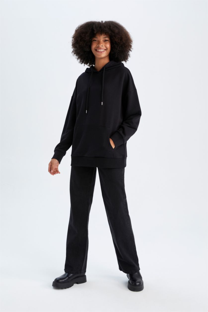 FEMME Noir Sweat- Shirt Coupe Oversize À capuche Manche Longue Avec Poche