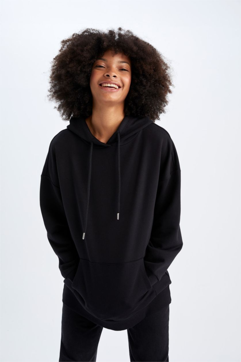 FEMME Noir Sweat- Shirt Coupe Oversize À capuche Manche Longue Avec Poche