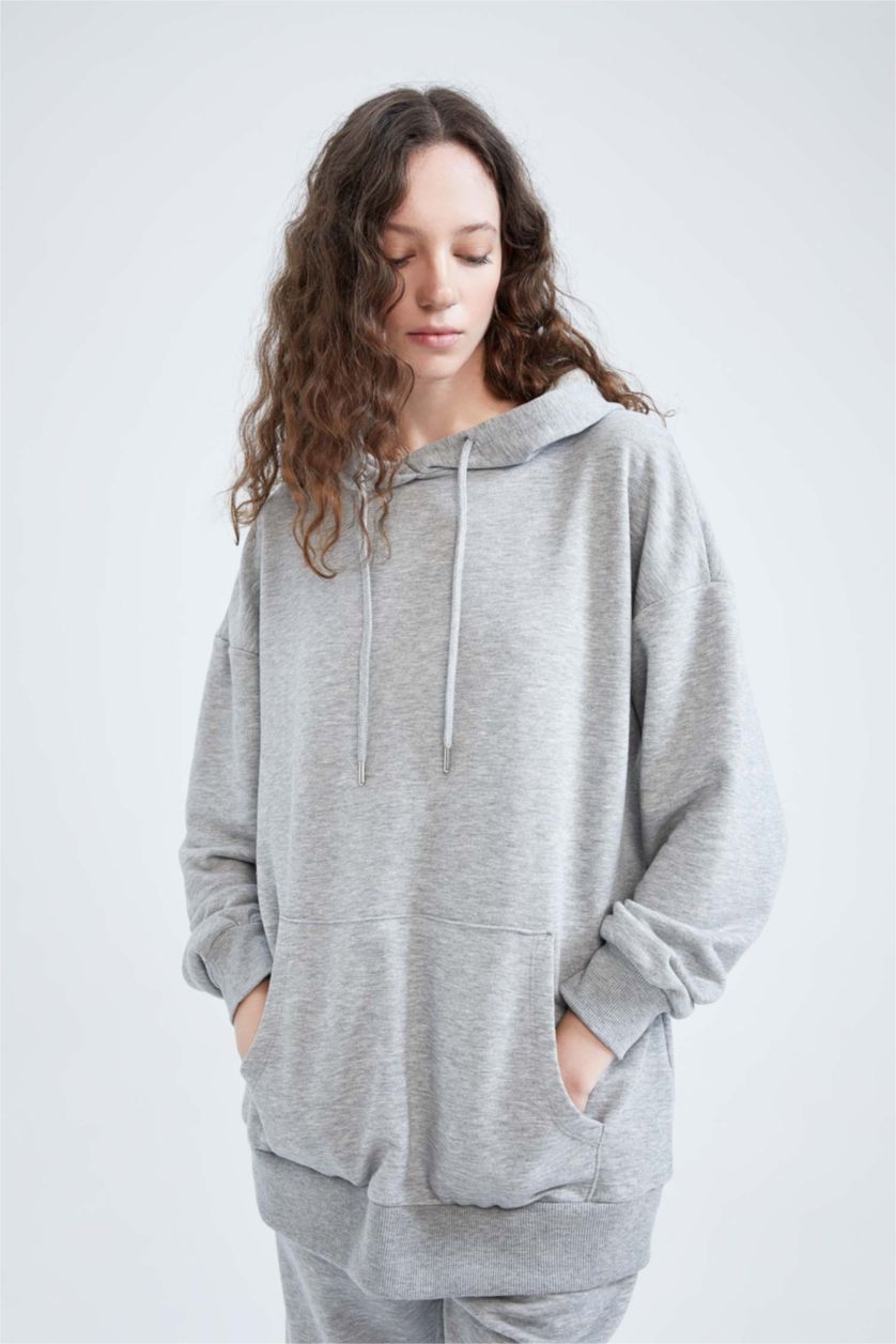 FEMME Gris Sweat- Shirt Coupe Oversize À capuche Manche Longue Avec Poche