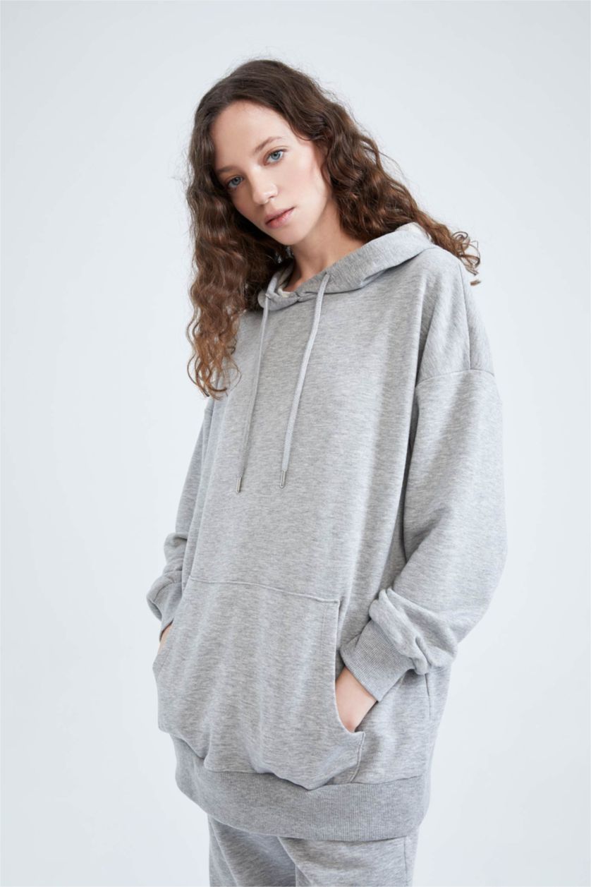 FEMME Gris Sweat- Shirt Coupe Oversize À capuche Manche Longue Avec Poche
