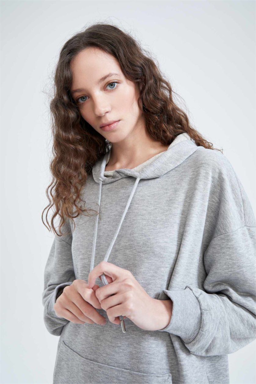 FEMME Gris Sweat- Shirt Coupe Oversize À capuche Manche Longue Avec Poche