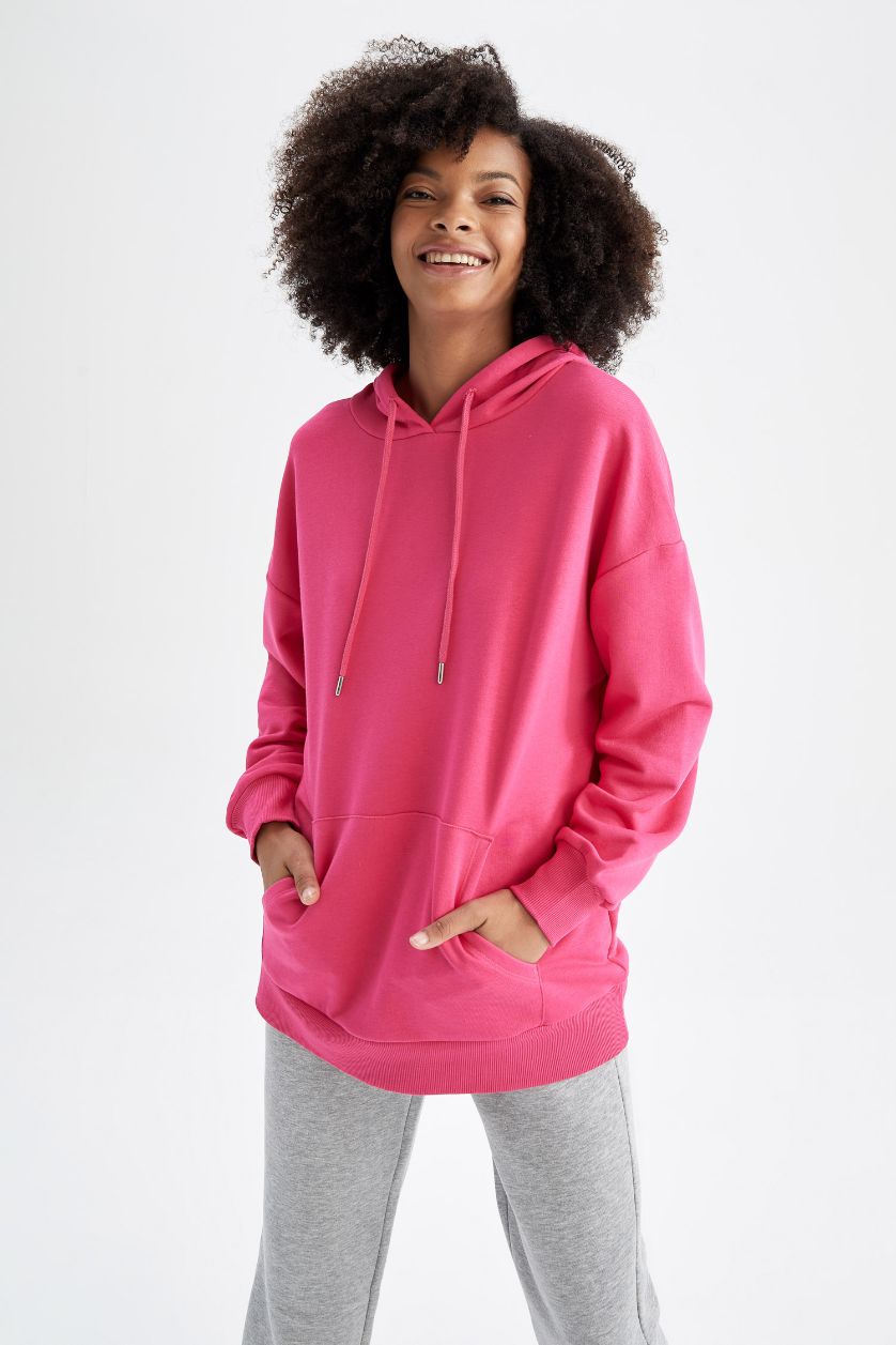 Kadın Pembe Oversize Fit Kapüşonlu Kanguru Cepli Basic Sweatshirt