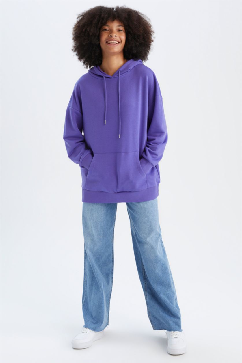 نساء بنفسجي سويت شيرت اوفر سايز بغطاء للرأس بجيب