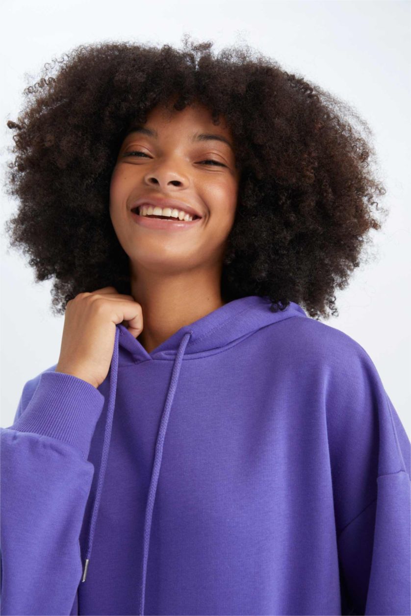 نساء بنفسجي سويت شيرت اوفر سايز بغطاء للرأس بجيب