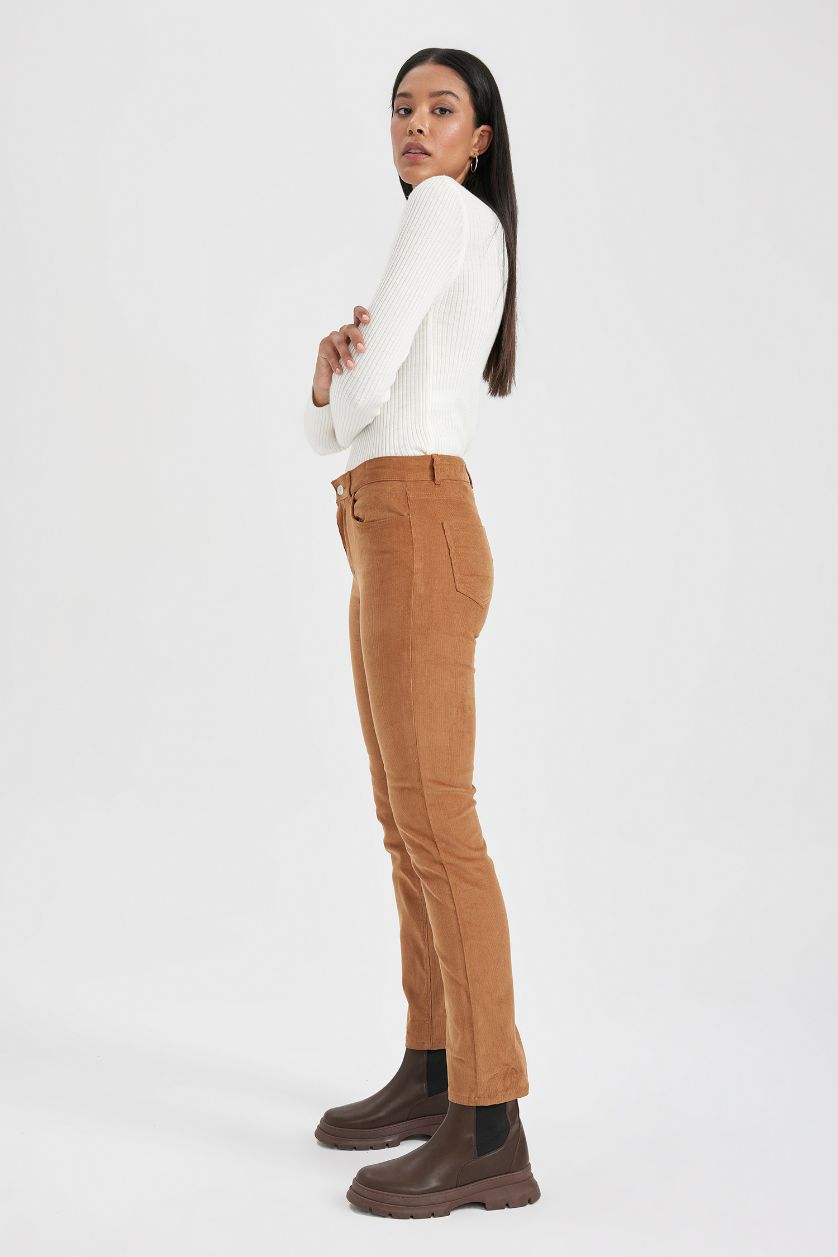 Kadın Camel Carmela Yüksek Bel Standart Paça Cepli Fitilli Kadife Pantolon