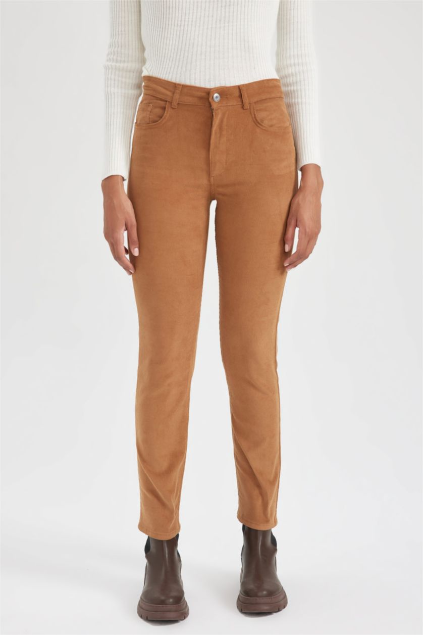 Kadın Camel Carmela Yüksek Bel Standart Paça Cepli Fitilli Kadife Pantolon