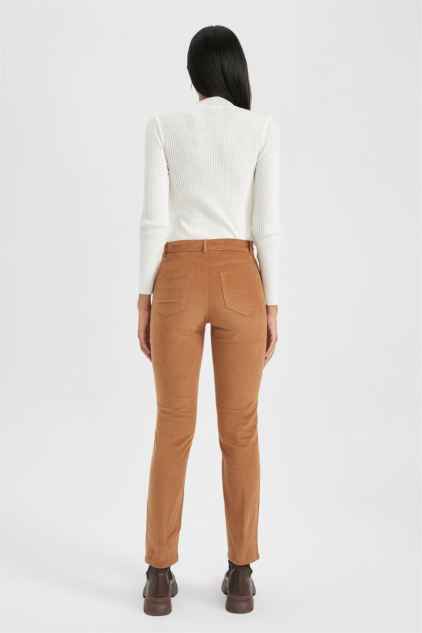 Kadın Camel Carmela Yüksek Bel Standart Paça Cepli Fitilli Kadife Pantolon