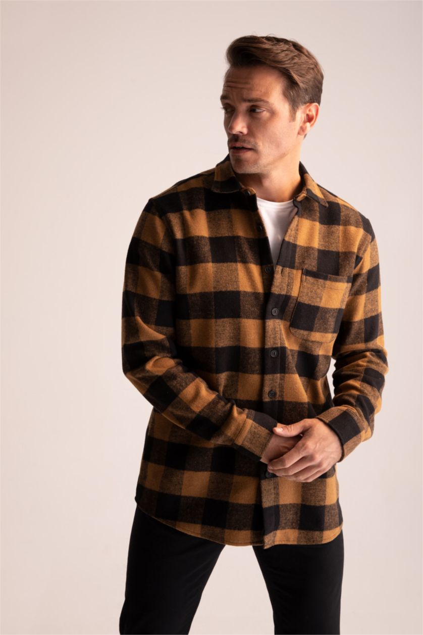 HOMME Beige Chemises à manches longues Coupe Régulière Carreaux